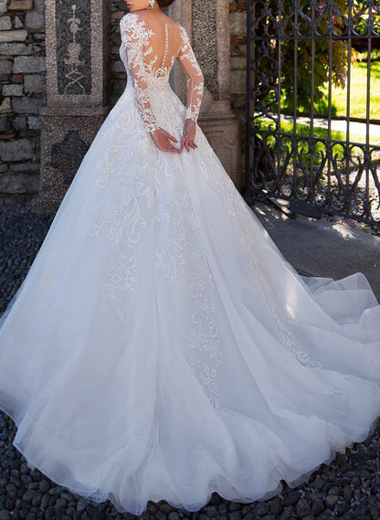 Dreamy A-Line Illusion Neck Long Sleeves Sweep Train Tulle Wedding Dresses With Appliques LaceDreamy A-Line Illusion Neck Long Sleeves Sweep Train Tulle Wedding Dresses With Appliques LaceDreamy A-Line Illusion Neck Long Sleeves Sweep Train Tulle Wedding