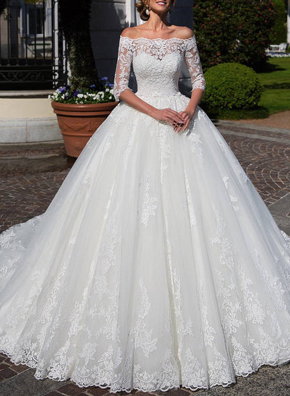 Elegant Off-The-Shoulder 1/2 Sleeves Ball-Gown Court Train Lace/Tulle Wedding DressesElegant Off-The-Shoulder 1/2 Sleeves Ball-Gown Court Train Lace/Tulle Wedding DressesElegant Off-The-Shoulder 1/2 Sleeves Ball-Gown Court Train Lace/Tulle Wedding Dresses