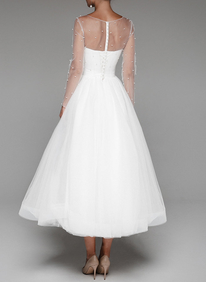 Elegant Beading Illusion Neck Long Sleeves A-Line Tea-Length Tulle Wedding DressesElegant Beading Illusion Neck Long Sleeves A-Line Tea-Length Tulle Wedding DressesElegant Beading Illusion Neck Long Sleeves A-Line Tea-Length Tulle Wedding DressesElegant B