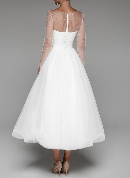 Elegant Beading Illusion Neck Long Sleeves A-Line Tea-Length Tulle Wedding DressesElegant Beading Illusion Neck Long Sleeves A-Line Tea-Length Tulle Wedding DressesElegant Beading Illusion Neck Long Sleeves A-Line Tea-Length Tulle Wedding DressesElegant B