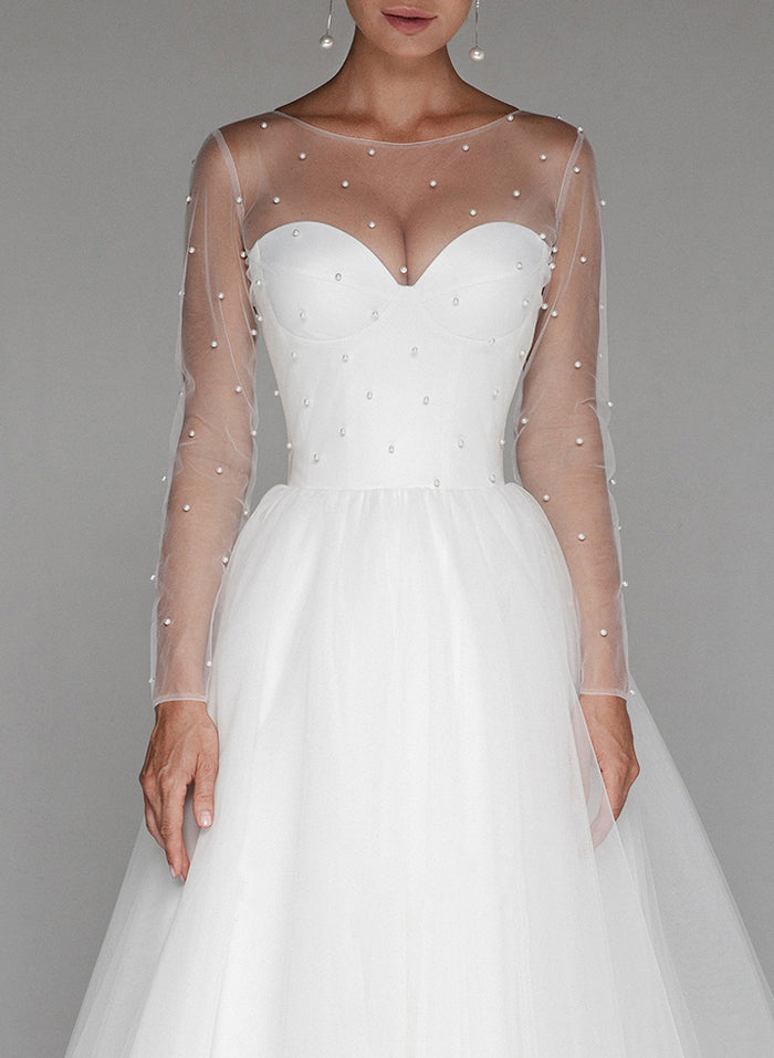 Elegant Beading Illusion Neck Long Sleeves A-Line Tea-Length Tulle Wedding DressesElegant Beading Illusion Neck Long Sleeves A-Line Tea-Length Tulle Wedding DressesElegant Beading Illusion Neck Long Sleeves A-Line Tea-Length Tulle Wedding DressesElegant B