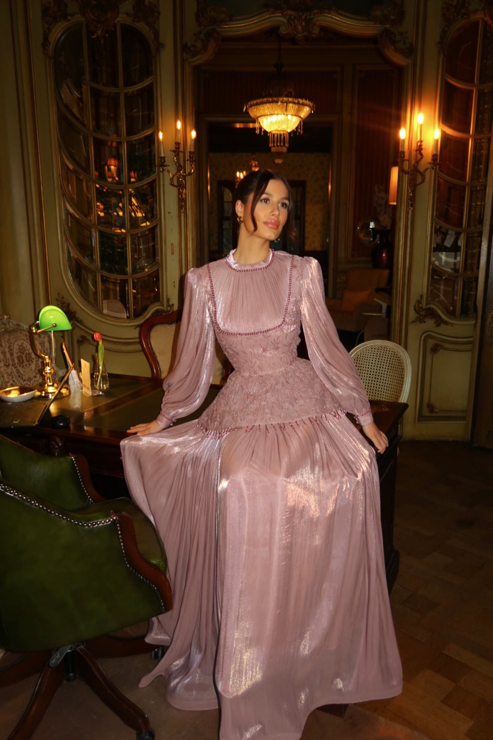 Dusty Rose Long Sleeves A-Line Floor Length Evening Dress