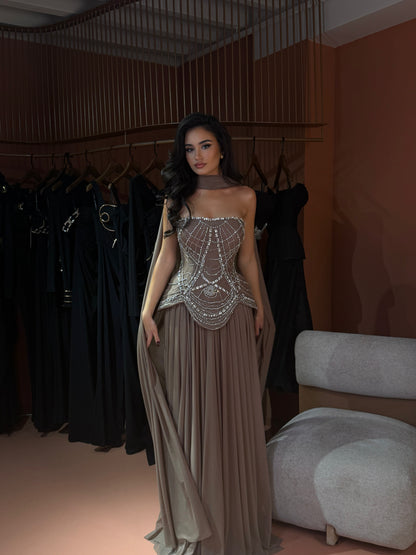Crystal Corset Gown with Taupe Pleated Skirt