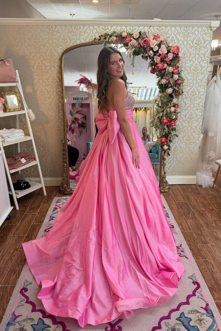Princess A Line Spaghetti Straps Pink Long Prom Dress