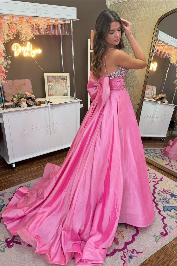 Princess A Line Spaghetti Straps Pink Long Prom Dress