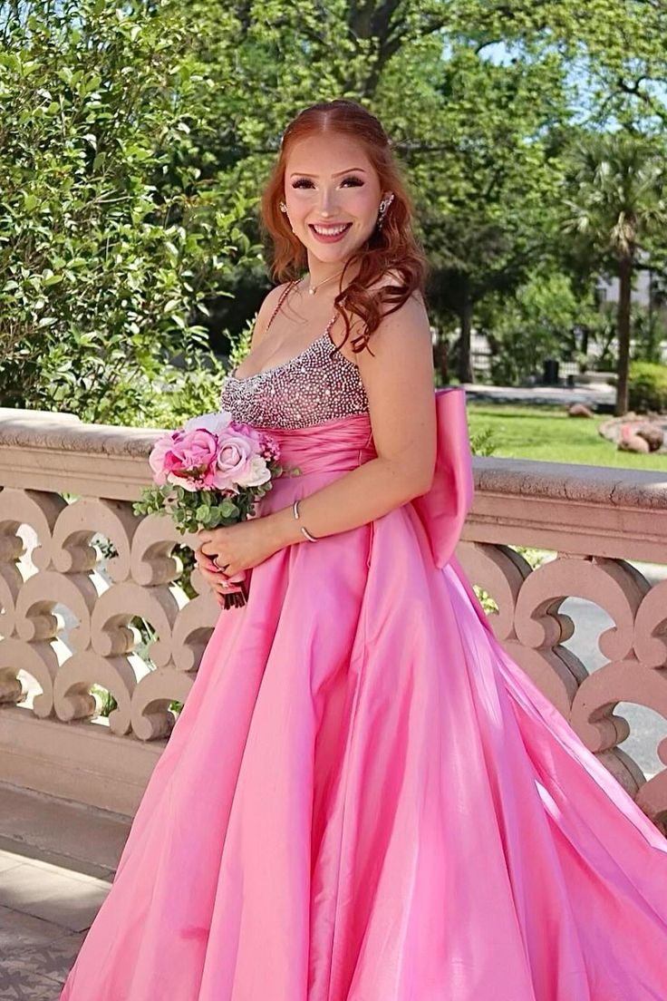 Princess A Line Spaghetti Straps Pink Long Prom Dress