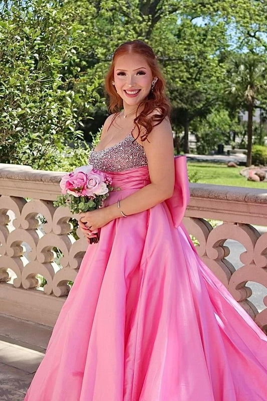 Princess A Line Spaghetti Straps Pink Long Prom Dress
