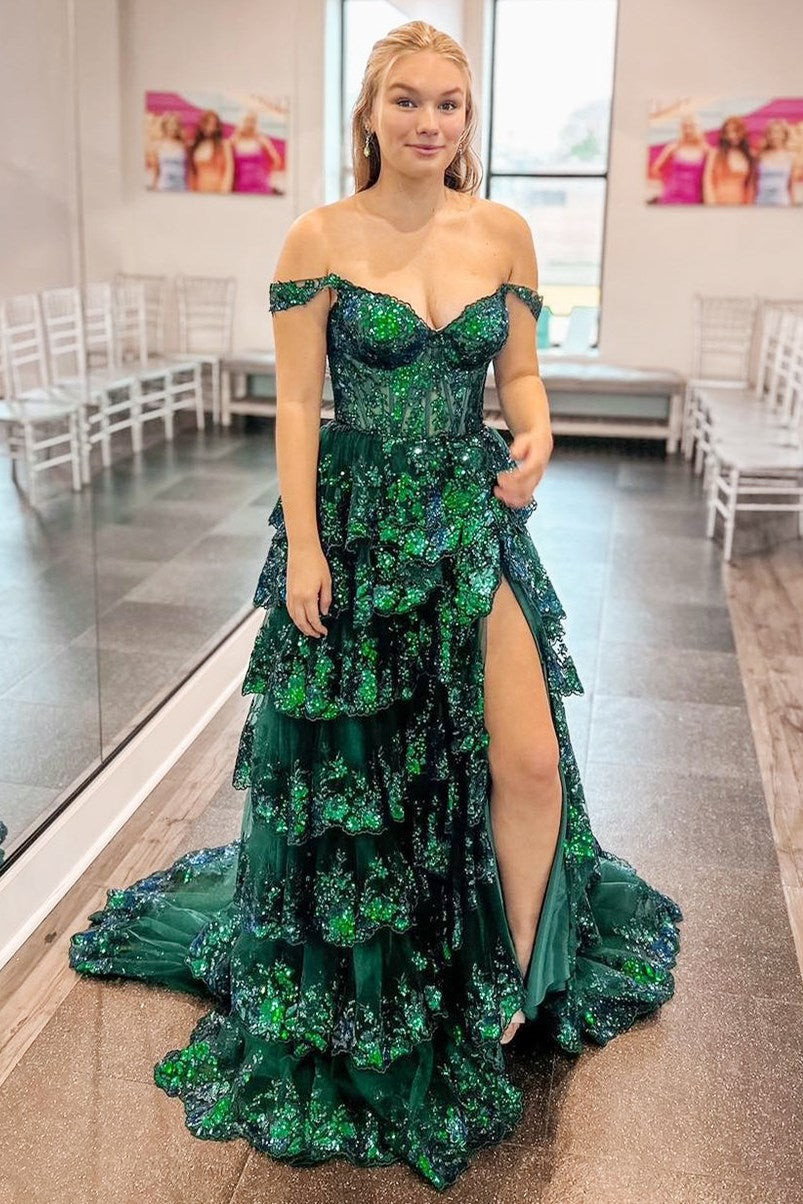 Fairytale Sequin-Embroidery Off-the-Shoulder Tiered Long Prom Dress with Slit