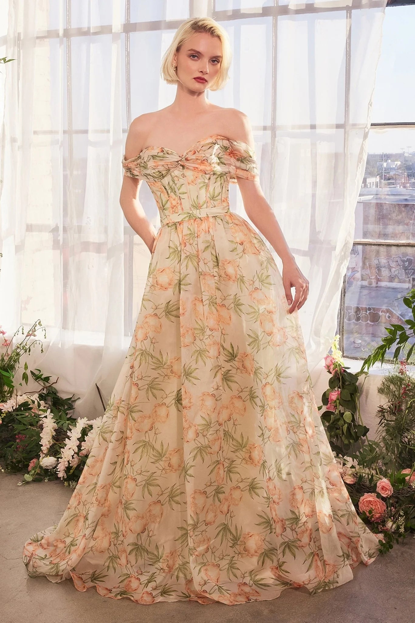 Flowers Floral Print Off the Shoulder Sleeveless A-Line Floor-Length Prom Dress