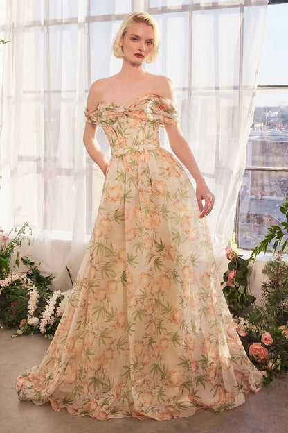 Flowers Floral Print Off the Shoulder Sleeveless A-Line Floor-Length Prom Dress