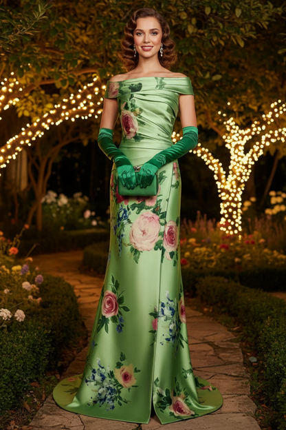 Elegant Green Floral Print Off-the-Shoulder Satin Evening Gown