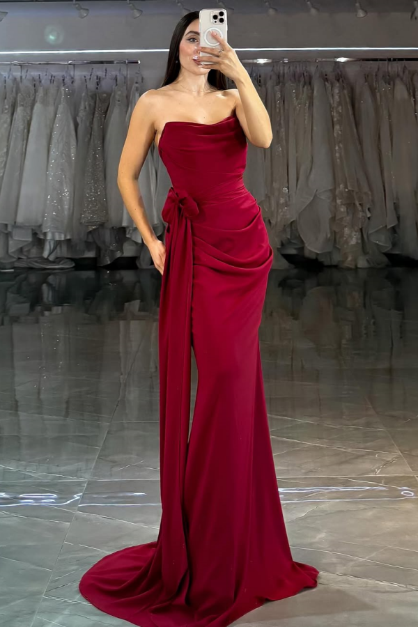 Burgundy Long Strapless Mermaid Bow Prom Dress