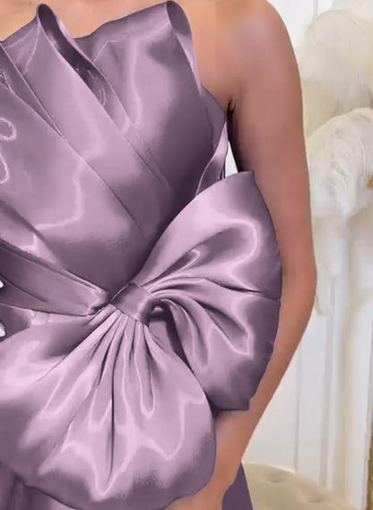 Lavender Strapless Satin Evening Dress Bow Sexy High Slit Prom Dress
