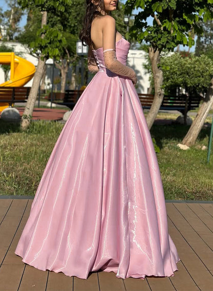 Pink Satin A Line Evening Dresses Strapless Formal Prom Dress