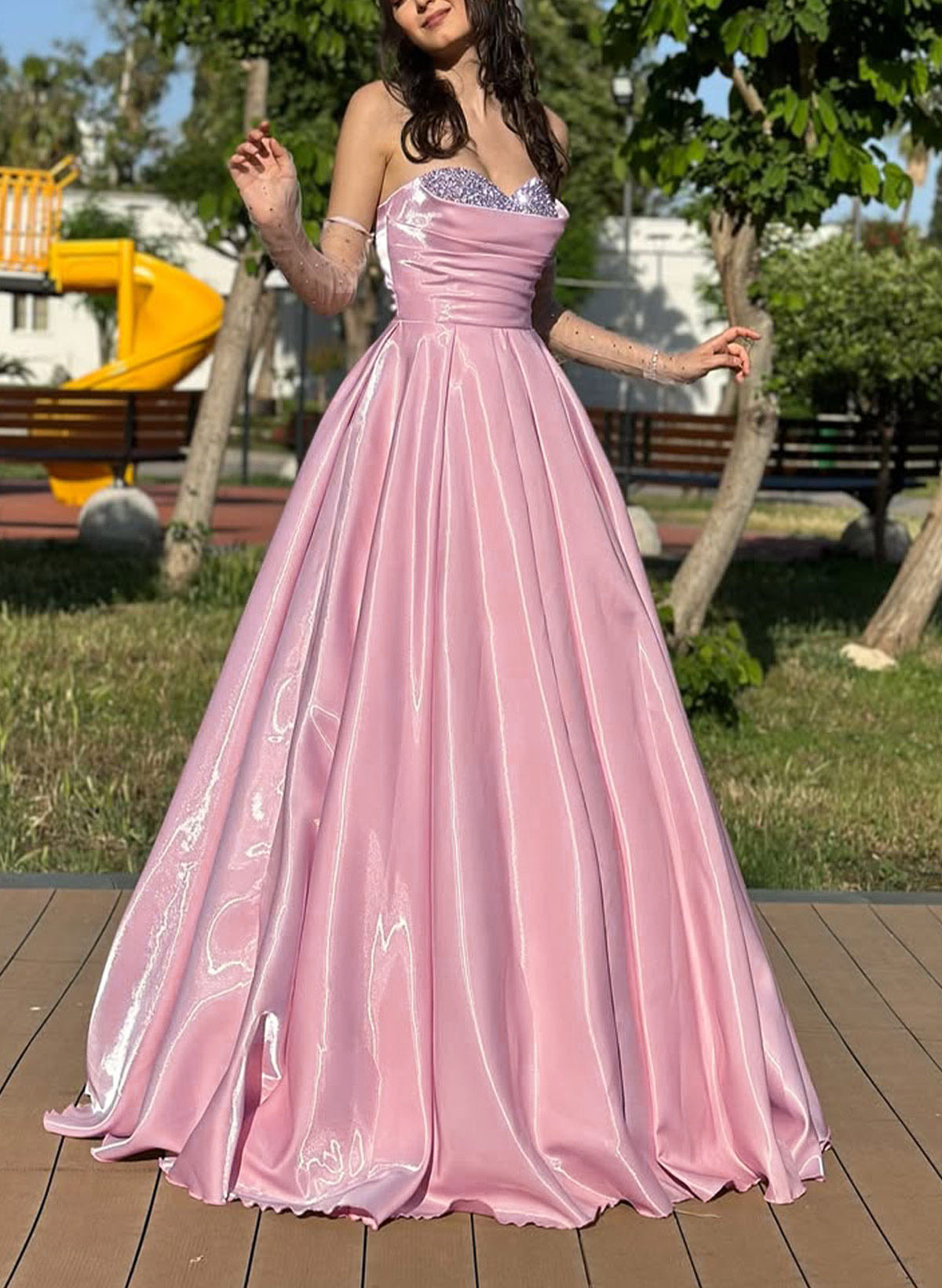 Pink Satin A Line Evening Dresses Strapless Formal Prom Dress