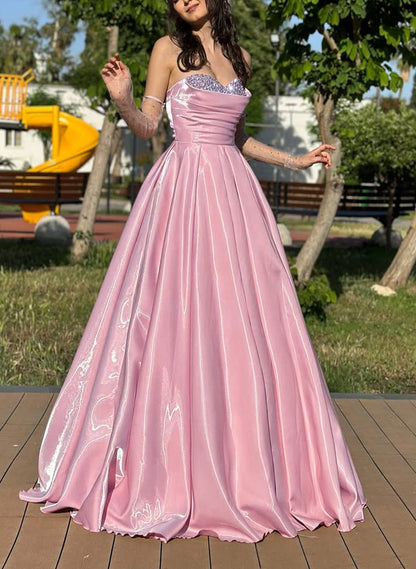 Pink Satin A Line Evening Dresses Strapless Formal Prom Dress