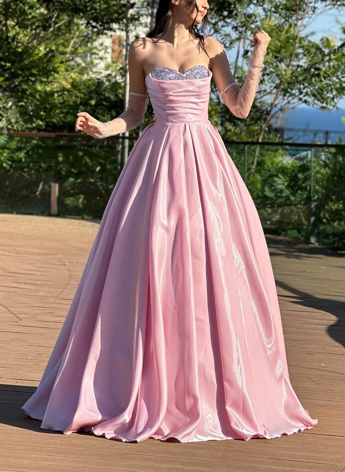 Pink Satin A Line Evening Dresses Strapless Formal Prom Dress