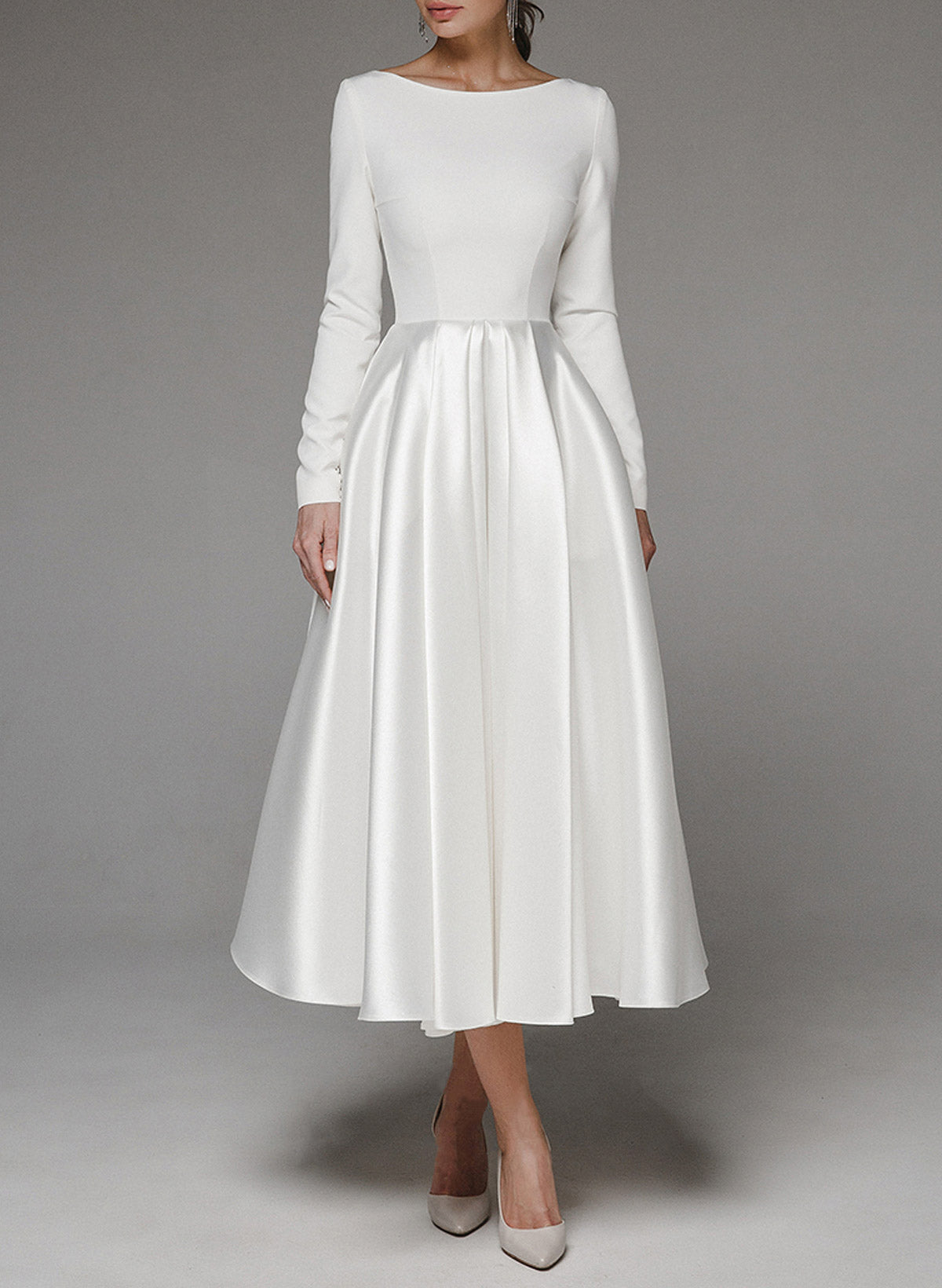 Elegant Scoop Neck Long Sleeves A-Line Tea-Length Matte Satin Wedding DressesElegant Scoop Neck Long Sleeves A-Line Tea-Length Matte Satin Wedding DressesElegant Scoop Neck Long Sleeves A-Line Tea-Length Matte Satin Wedding DressesElegant Scoop Neck Long