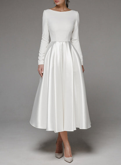 Elegant Scoop Neck Long Sleeves A-Line Tea-Length Matte Satin Wedding DressesElegant Scoop Neck Long Sleeves A-Line Tea-Length Matte Satin Wedding DressesElegant Scoop Neck Long Sleeves A-Line Tea-Length Matte Satin Wedding DressesElegant Scoop Neck Long
