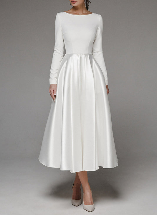 Elegant Scoop Neck Long Sleeves A-Line Tea-Length Matte Satin Wedding DressesElegant Scoop Neck Long Sleeves A-Line Tea-Length Matte Satin Wedding DressesElegant Scoop Neck Long Sleeves A-Line Tea-Length Matte Satin Wedding DressesElegant Scoop Neck Long