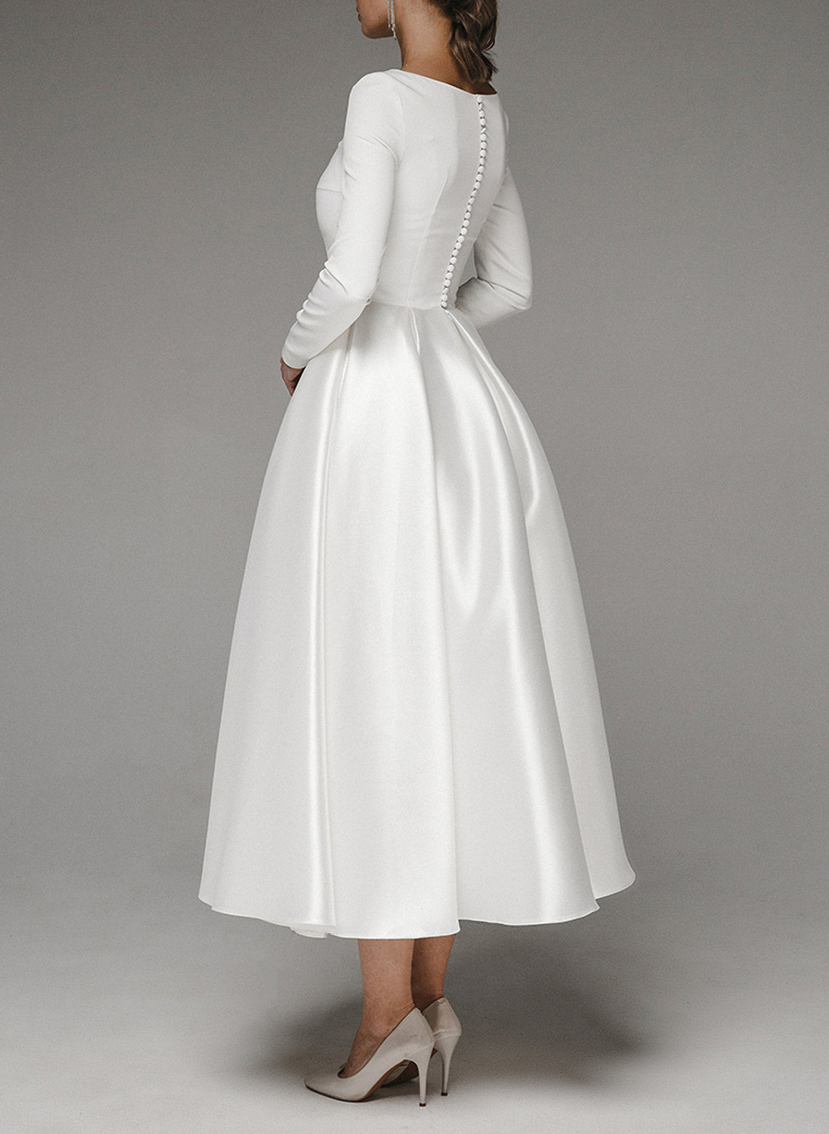 Elegant Scoop Neck Long Sleeves A-Line Tea-Length Matte Satin Wedding DressesElegant Scoop Neck Long Sleeves A-Line Tea-Length Matte Satin Wedding DressesElegant Scoop Neck Long Sleeves A-Line Tea-Length Matte Satin Wedding DressesElegant Scoop Neck Long