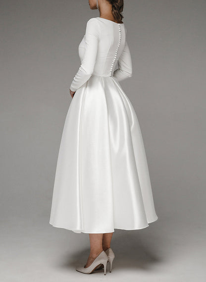 Elegant Scoop Neck Long Sleeves A-Line Tea-Length Matte Satin Wedding DressesElegant Scoop Neck Long Sleeves A-Line Tea-Length Matte Satin Wedding DressesElegant Scoop Neck Long Sleeves A-Line Tea-Length Matte Satin Wedding DressesElegant Scoop Neck Long