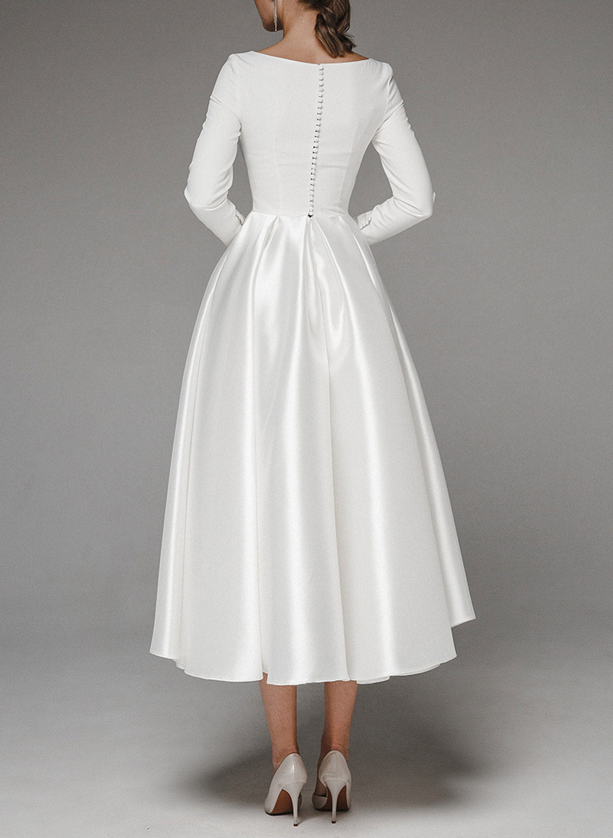 Elegant Scoop Neck Long Sleeves A-Line Tea-Length Matte Satin Wedding DressesElegant Scoop Neck Long Sleeves A-Line Tea-Length Matte Satin Wedding DressesElegant Scoop Neck Long Sleeves A-Line Tea-Length Matte Satin Wedding DressesElegant Scoop Neck Long