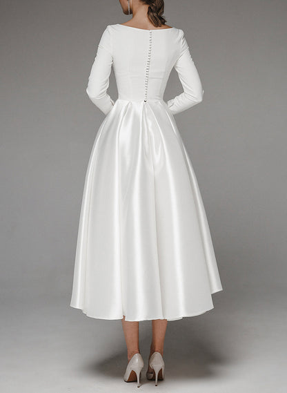 Elegant Scoop Neck Long Sleeves A-Line Tea-Length Matte Satin Wedding DressesElegant Scoop Neck Long Sleeves A-Line Tea-Length Matte Satin Wedding DressesElegant Scoop Neck Long Sleeves A-Line Tea-Length Matte Satin Wedding DressesElegant Scoop Neck Long