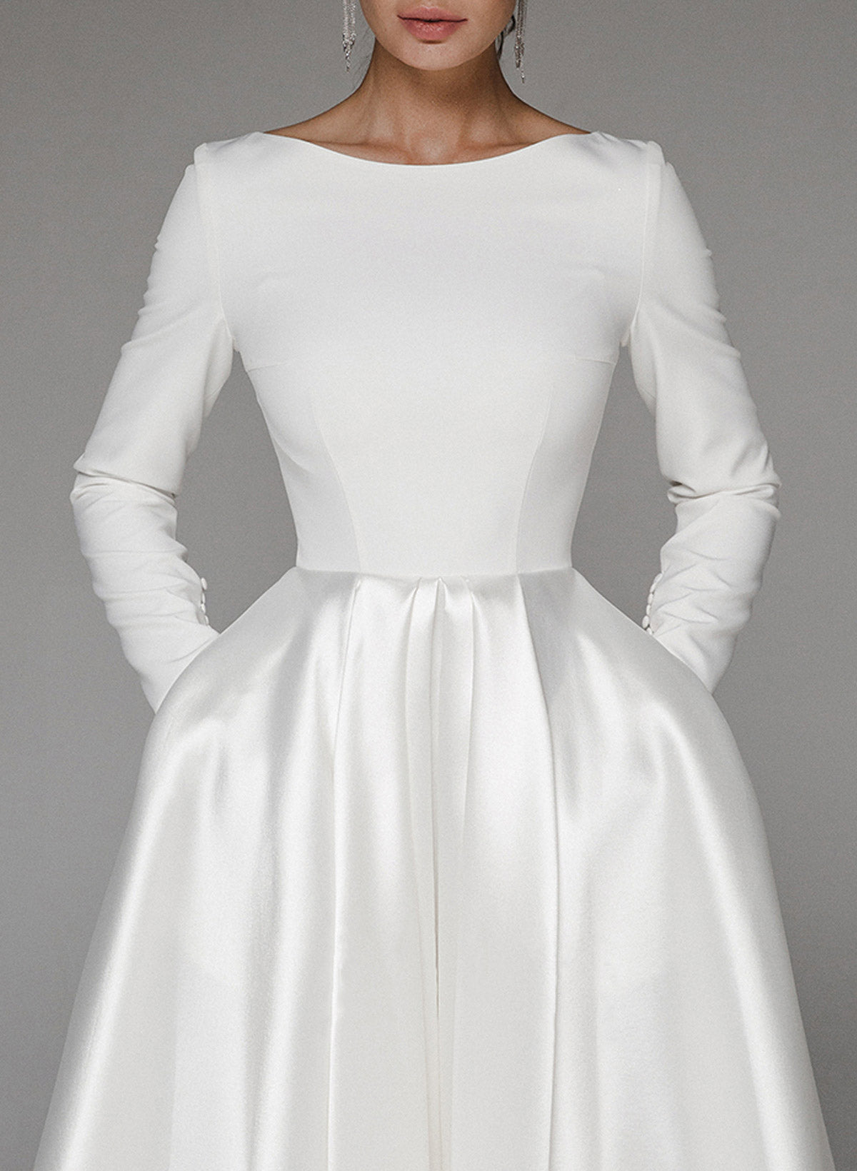 Elegant Scoop Neck Long Sleeves A-Line Tea-Length Matte Satin Wedding DressesElegant Scoop Neck Long Sleeves A-Line Tea-Length Matte Satin Wedding DressesElegant Scoop Neck Long Sleeves A-Line Tea-Length Matte Satin Wedding DressesElegant Scoop Neck Long