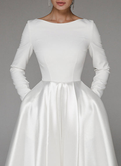 Elegant Scoop Neck Long Sleeves A-Line Tea-Length Matte Satin Wedding DressesElegant Scoop Neck Long Sleeves A-Line Tea-Length Matte Satin Wedding DressesElegant Scoop Neck Long Sleeves A-Line Tea-Length Matte Satin Wedding DressesElegant Scoop Neck Long