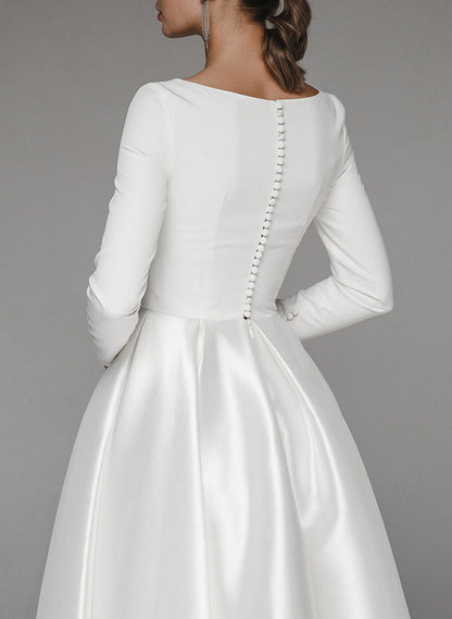 Elegant Scoop Neck Long Sleeves A-Line Tea-Length Matte Satin Wedding DressesElegant Scoop Neck Long Sleeves A-Line Tea-Length Matte Satin Wedding DressesElegant Scoop Neck Long Sleeves A-Line Tea-Length Matte Satin Wedding DressesElegant Scoop Neck Long