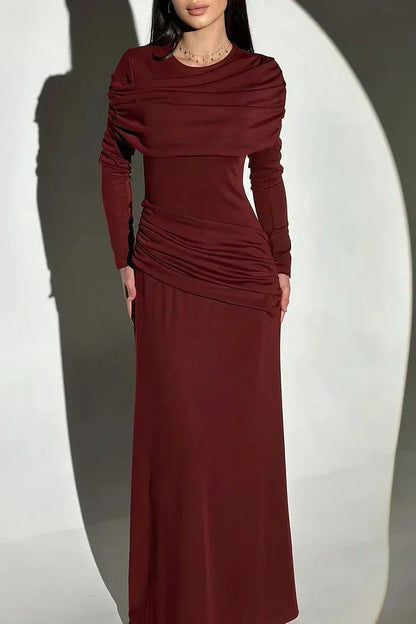 Patchwork Round Neck Long Sleeve Ruched Slim Fit Maxi Dresses