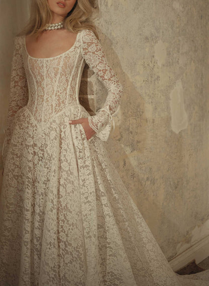 Elegant Cowl Neck Bow Long Sleeves A-Line Court Train Lace Wedding Dress