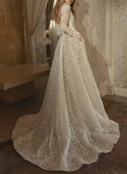 Elegant Cowl Neck Bow Long Sleeves A-Line Court Train Lace Wedding Dress
