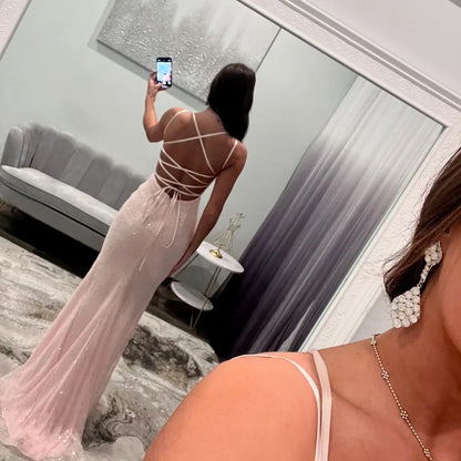 Blushing Pink Spaghetti-Straps Beaded Lovely Prom Dress