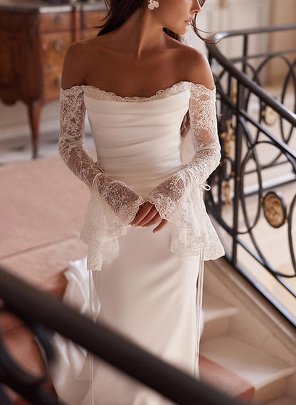 Trumpet/Mermaid Off-The-Shoulder Long Sleeves Chapel Train Stretch Chiffon Wedding Dresses With Lace