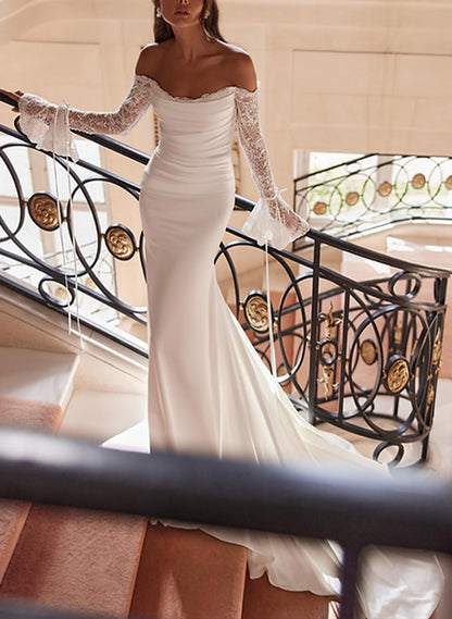 Trumpet/Mermaid Off-The-Shoulder Long Sleeves Chapel Train Stretch Chiffon Wedding Dresses With Lace