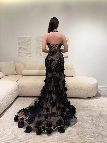 Fashion Black Halter Mermaid Flowers Floor-Lenght Evening Dress