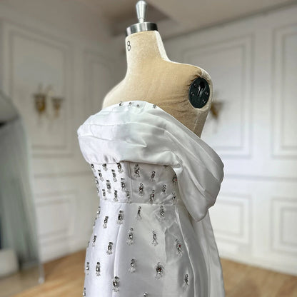 Blue Beaded Crystal Ankle-Length Mermaid Satin Evening Dress Gown for Party