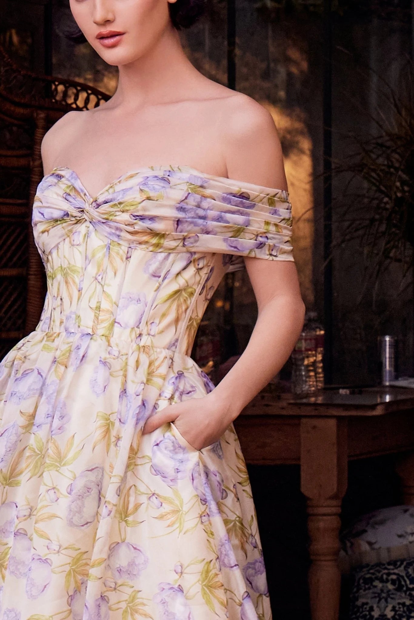 Flowers Floral Print Off the Shoulder Sleeveless A-Line Floor-Length Prom Dress