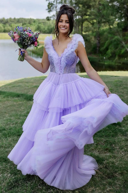 Unique A-Line V Neck Lilac Ruffle Tiered Tulle Long Prom Dress