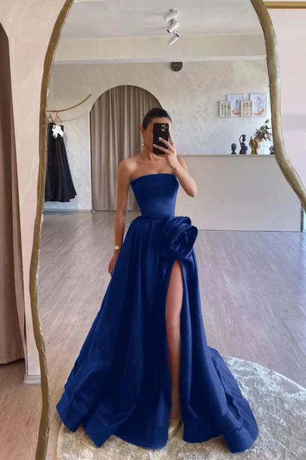 Formal Black A-Line Split Strapless Prom Dress