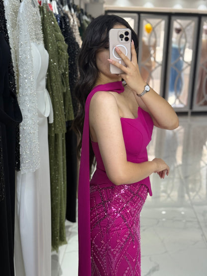 Fuchsia Asymmetrical Neck Sheath Sleeveless Evening Dress