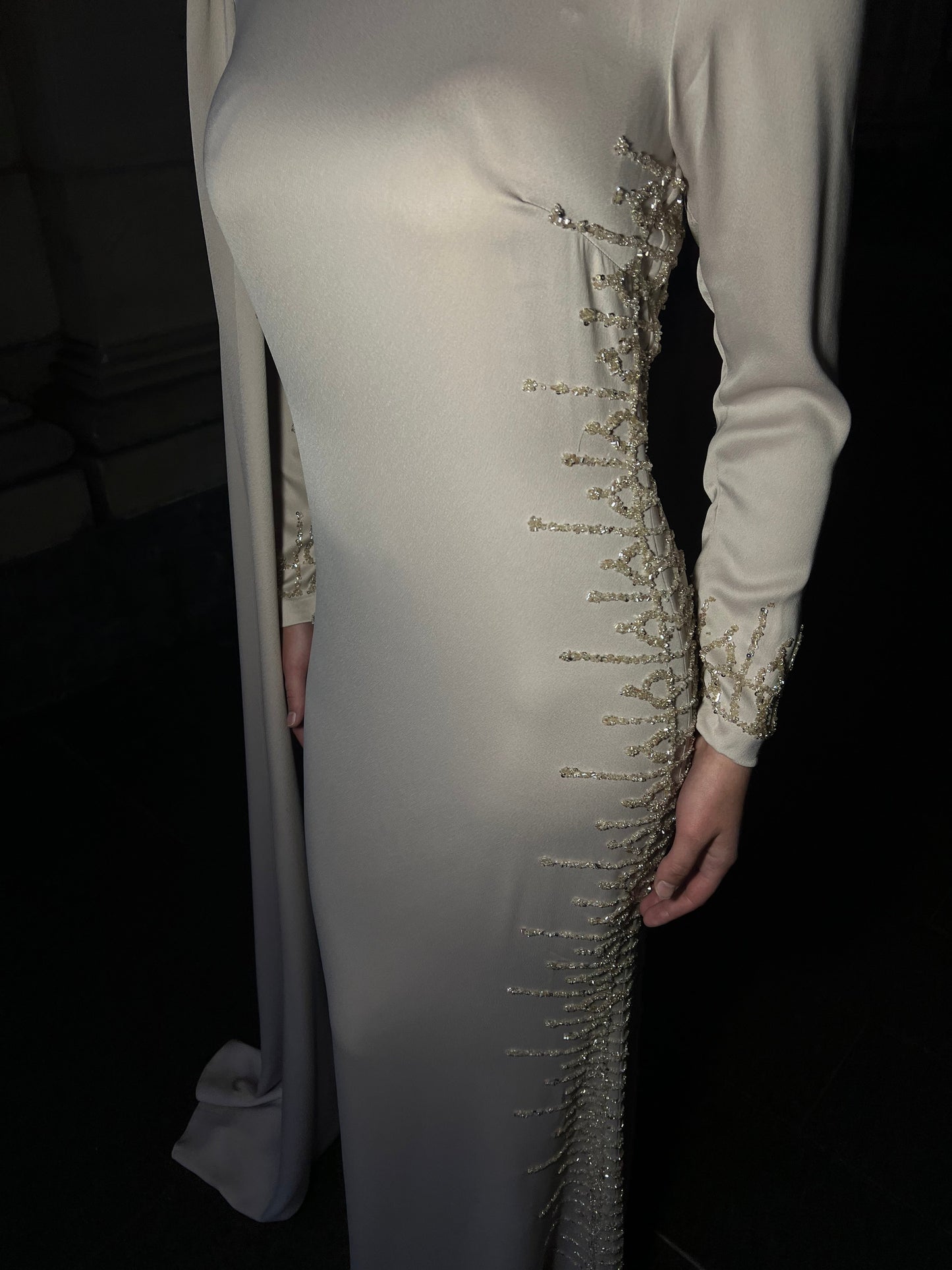 Ivory Long Sleeves Beaded High Neck Sheath Evening Formal Dress