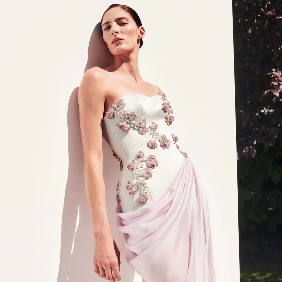 Sweetheart Floral Embellished Prom Dress Pleated Chiffon High Slit Evening Gowns