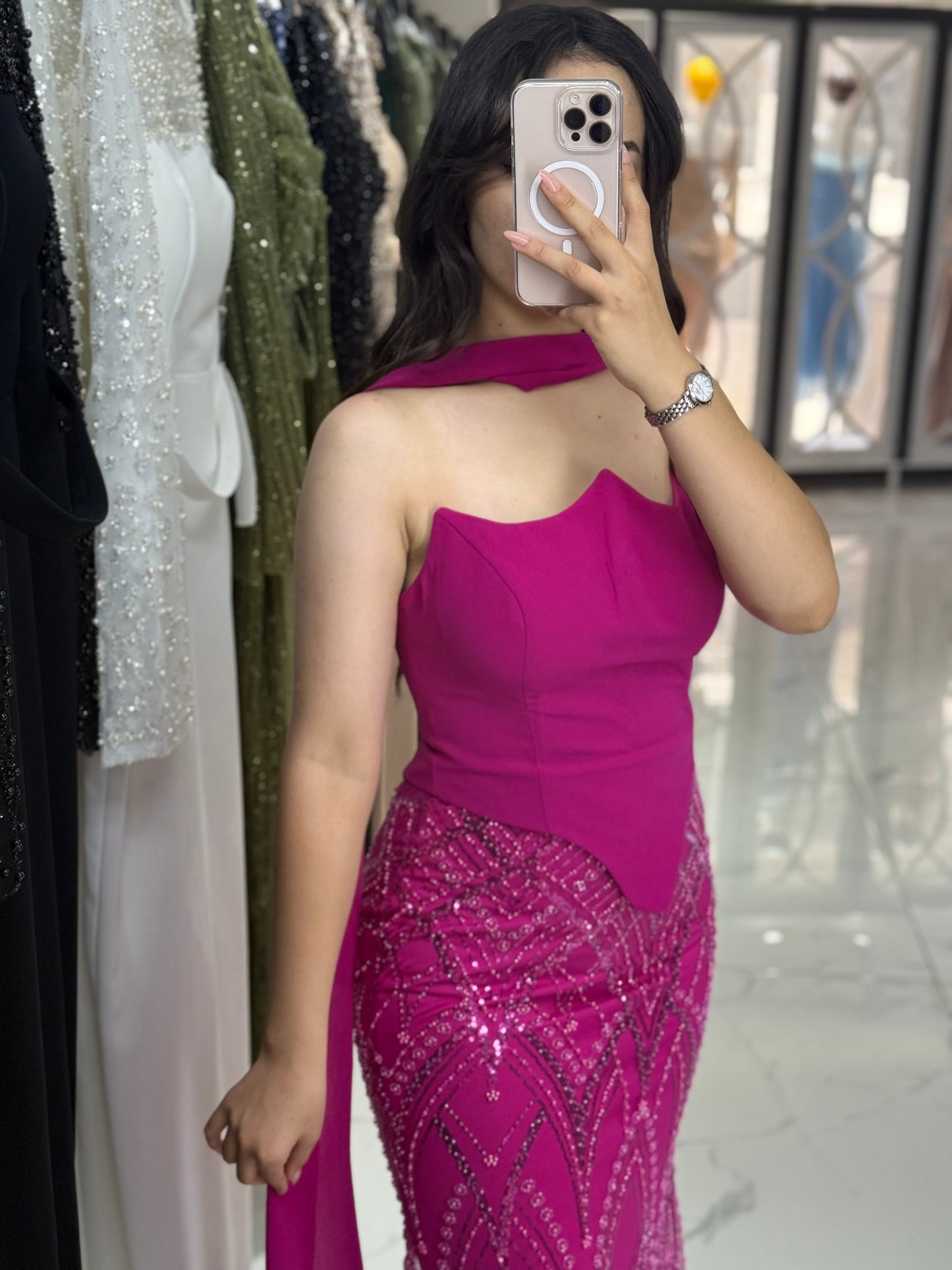 Fuchsia Asymmetrical Neck Sheath Sleeveless Evening Dress