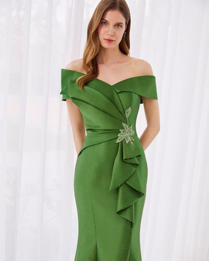 Emerald  Green Off Shoulder Beaded Mermaid Mother of the Bride Dress