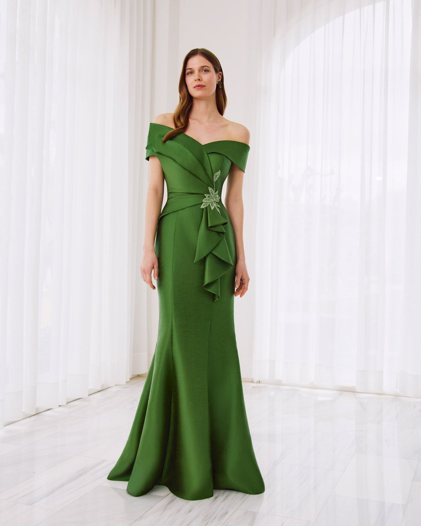 Emerald  Green Off Shoulder Beaded Mermaid Mother of the Bride Dress