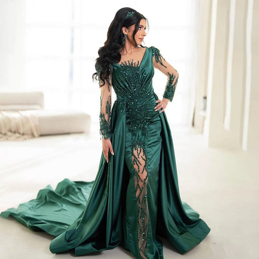 Luxury Dubai Green Mermaid Lace Beaded Satin Evening Dresses Formal Gowns