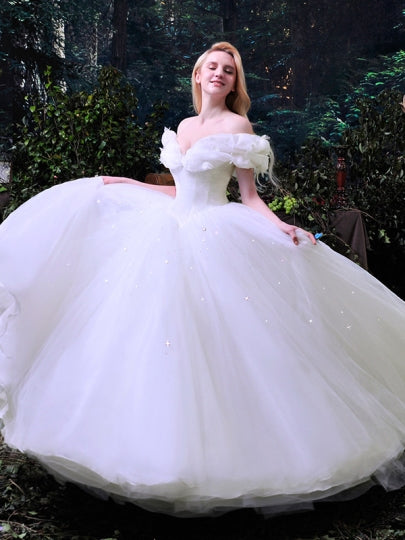 Cinderella White Tulle Ball Gown Wedding Dress